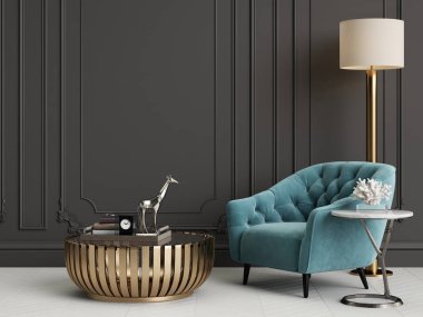 Mavi koltuklar ve zemin lambası ile klasik iç