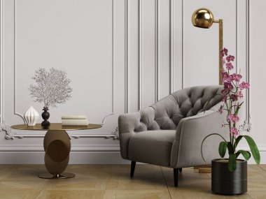 Gri koltuklar ve zemin lambası ile klasik iç