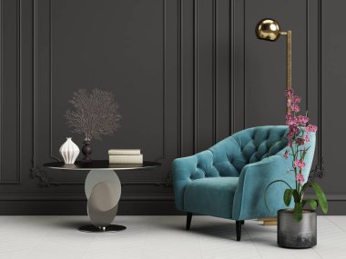 Mavi koltuklar ve zemin lambası ile klasik iç