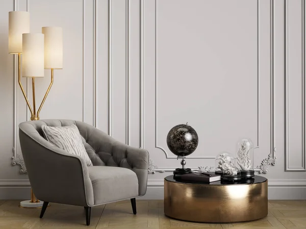 Классический интерьер с серыми креслами и напольной лампой — стоковое фото