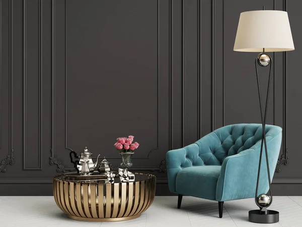 Klassiek interieur met blauwe fauteuils en vloerlamp — Stockfoto