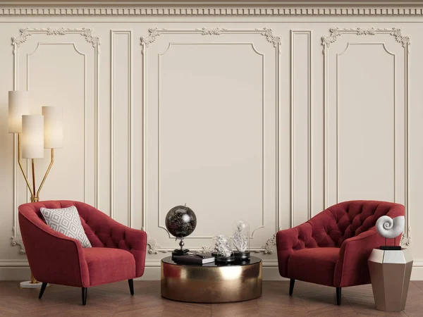 Classic interior with red armchairs and floor lamp