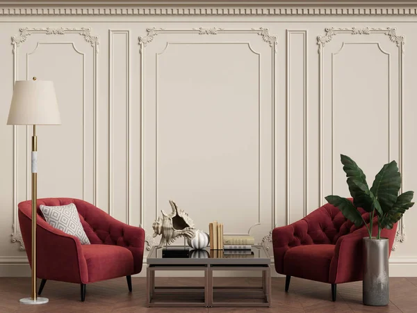 Intérieur classique avec fauteuils rouges et lampadaire — Photo