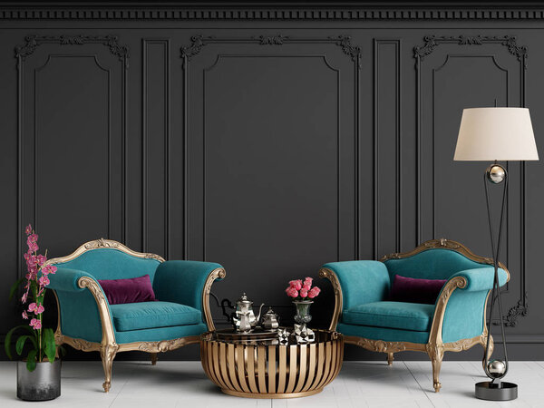 Classic interior with blue armchairs and floor lamp