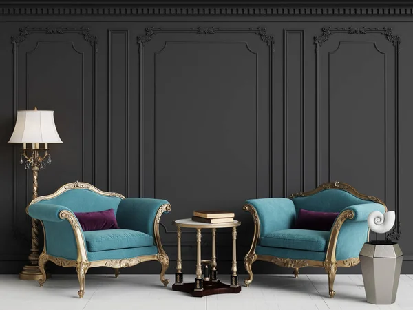 Klasyczne wnętrze z niebieskimi fotelami i lampką podłogowa — Zdjęcie stockowe