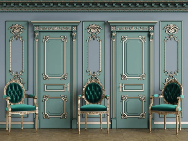 Klasyczne krzesła rzeźbiarskie we wnętrzu z przestrzenią do kopiowania — Zdjęcie stockowe