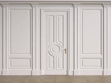 Kopya alanı olan klasik iç duvarlar. Kalıplar ve yalıtımlı duvarlar. Klasik kapı. Döşeme parketi.