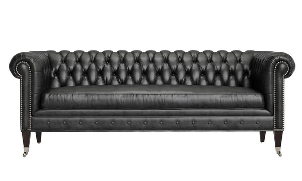经典的老式包扎式黑色皮沙发 与白色背景隔离 数字插图 3D渲染 — 图库照片