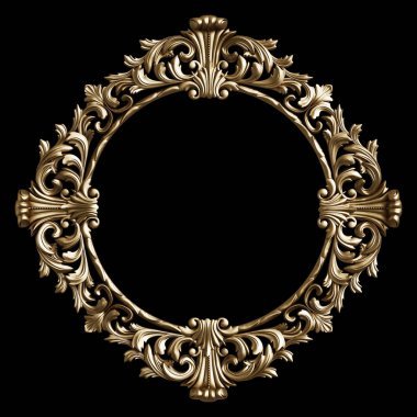 Siyah arka planda süslemeleri olan klasik altın çerçeve. Dijital çizim. 3d oluşturma