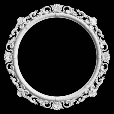 Siyah zemin üzerinde süs dekoru olan klasik beyaz çerçeve. Dijital çizim. 3d oluşturma