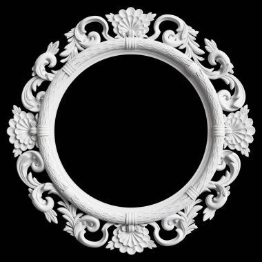 Siyah zemin üzerinde süs dekoru olan klasik beyaz çerçeve. Dijital çizim. 3d oluşturma