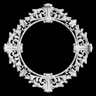 Siyah zemin üzerinde süs dekoru olan klasik beyaz çerçeve. Dijital çizim. 3d oluşturma