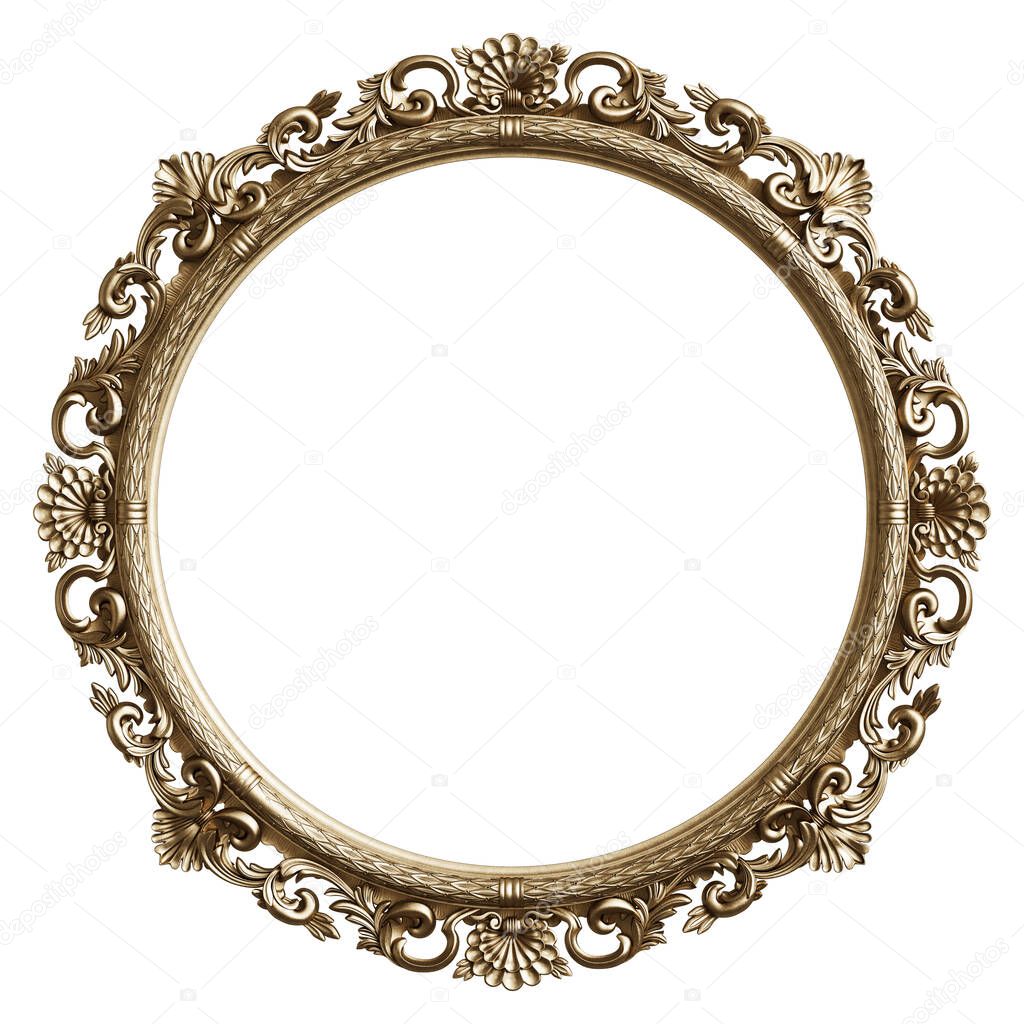 Classic golden frame with ornament decor isolated on white background. Digital illustration. 3d rendering