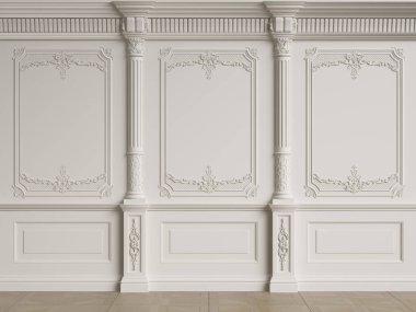 Küflü klasik iç duvar. Zemin parke herringa kemiği. Dijital çizim 3D.