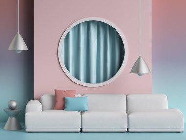 İskandinav tarzında beyaz kanepe. Pembe ve lavanta renginde duvarlar. Kopya alanlı. 3d oluşturma