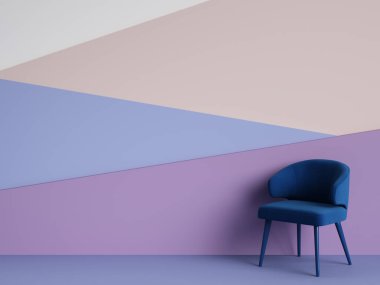 Mavi ve pembe arka planda fotokopi alanı olan mavi sandalye. Dijital çizim. 3d oluşturma