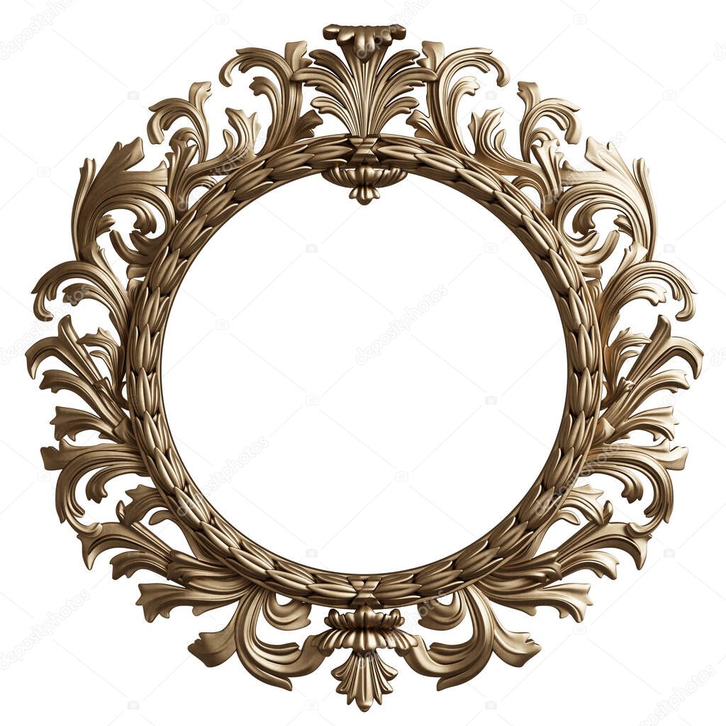 Classic golden round frame with ornament decor isolated on white background. Digital illustration. 3d rendering