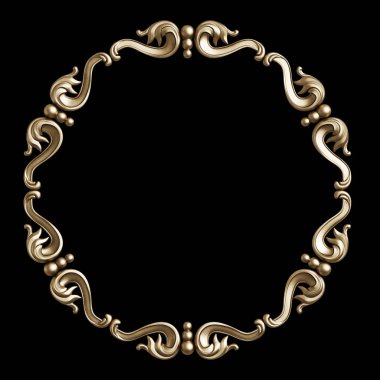 Siyah arka planda süslemeleri olan klasik altın çerçeve. Dijital çizim. 3d oluşturma