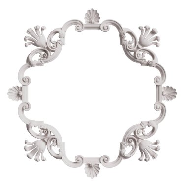 Beyaz arka planda izole edilmiş süs dekorlu klasik beyaz çerçeve. Dijital çizim. 3d oluşturma