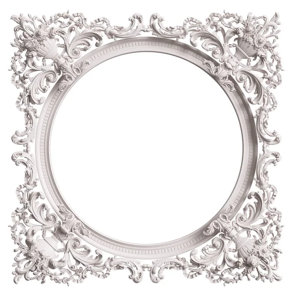 Classic white frame with ornament decor isolated on white background. Digital illustration. 3d rendering