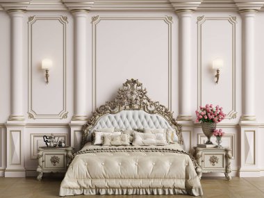 Klasik yatak odası, içinde kopya alanı var. Dijital illüstrasyon. 3d oluşturma