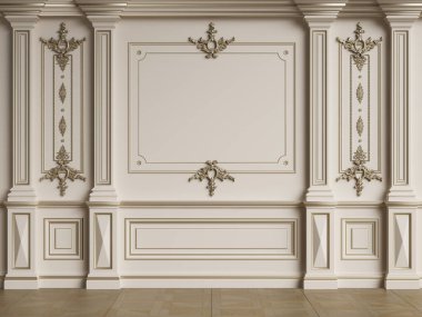 Küflü klasik iç duvar. Zemin parke herringa kemiği. Dijital çizim 3D.