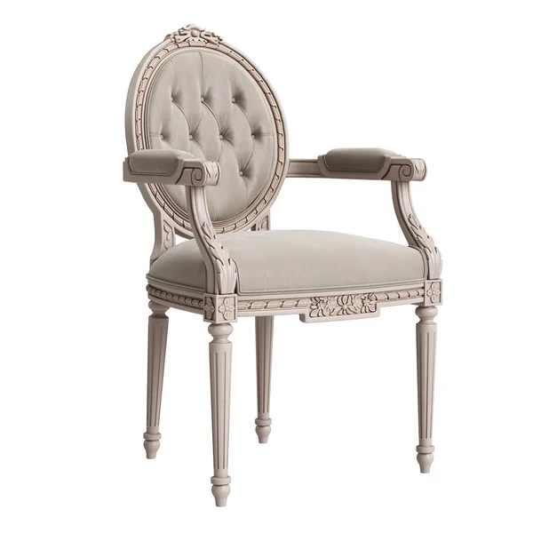 米色天鹅绒经典椅子 有雕刻的细节 与白色背景隔离 数字插图 3D渲染 — 图库照片