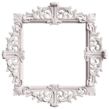 Beyaz arka planda izole edilmiş süs dekorlu klasik beyaz çerçeve. Dijital çizim. 3d oluşturma