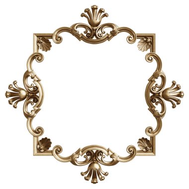 Süslü, beyaz arka planda izole edilmiş klasik altın çerçeve. Dijital çizim. 3d oluşturma