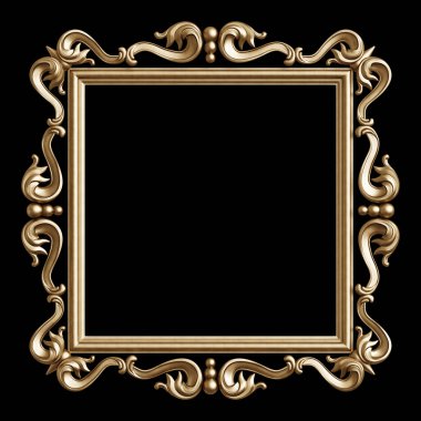 Siyah arka planda süslemeleri olan klasik altın çerçeve. Dijital çizim. 3d oluşturma