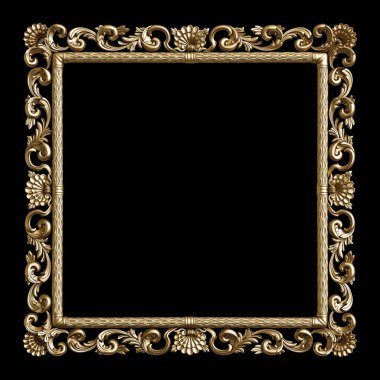 Siyah arka planda süslemeleri olan klasik altın çerçeve. Dijital çizim. 3d oluşturma