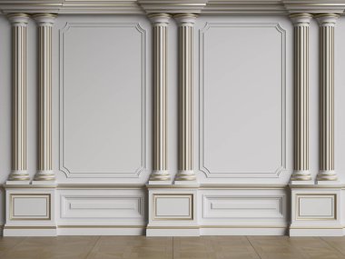 Küflü klasik iç duvar. Zemin parke herringa kemiği. Dijital çizim 3D.