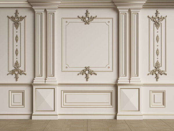 Classic interior wall with mouldings.Floor parquet herringbone.Digital illustration.3d rendering