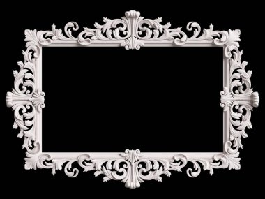 Siyah zemin üzerinde süs dekoru olan klasik beyaz çerçeve. Dijital çizim. 3d oluşturma