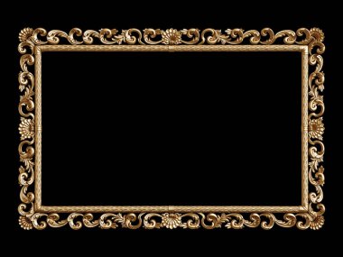 Siyah arka planda süslemeleri olan klasik altın çerçeve. Dijital çizim. 3d oluşturma