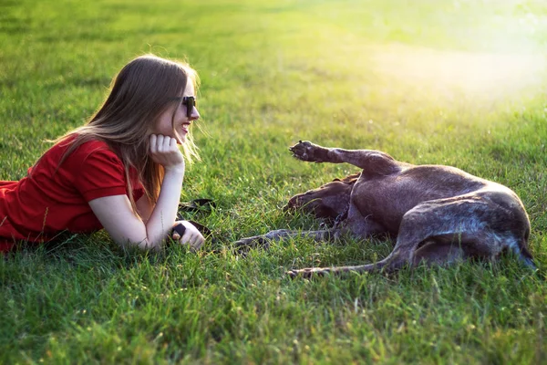 日当たりの良い芝生の緑の草の上で犬と遊ぶ赤い服とサングラスの女の子 — ストック写真
