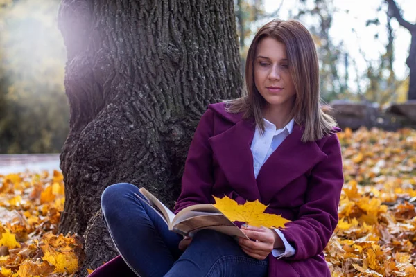 Pretty Woman Brown Hair Reading Book Autumn Park Holds Yellow — Stock Photo, Image