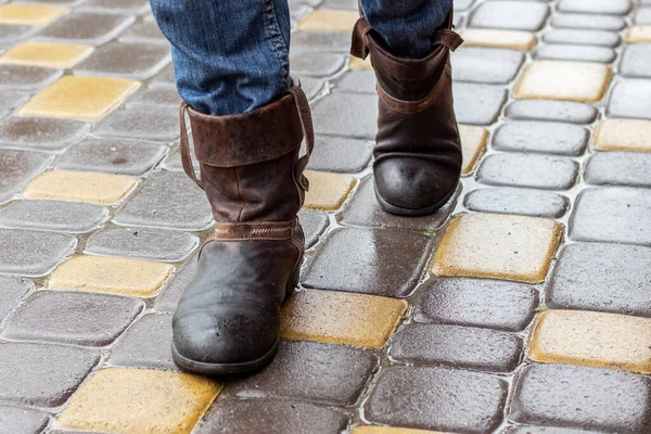 Leather Boots Wet Sidewalk Rain Close — Stock Photo, Image