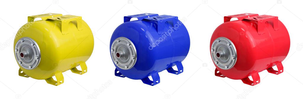 Expansion tanks for a pump station. Red Pump booster pressure vessel. Pressure vessel for a booster set. Isolated on white background. Set of yellow, blue and red tanks. — Stock Image Expansion Tanks Pump Station Red Pump Booster Pressure Vessel Pressure Royalty Free Stock Images