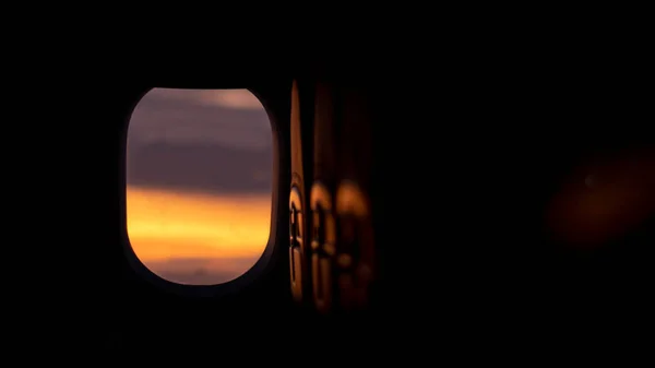 Vue Ciel Soir Par Fenêtre Avion Lumière Noire Une Cabine — Photo