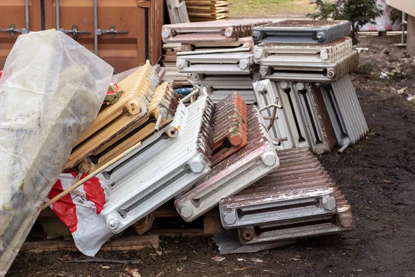 Scrap Metal Collection Point Pile Old Cast Iron Heating Radiators — Stockfoto