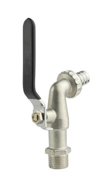 Silver Brass Nozzle Cock isolated on white background. Nozzle cock with black quarter turn handle. Forged brass body, screwed male thread.