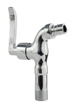 Silver Steel Nozzle Cock isolated on white background. Nozzle cock with quarter turn handle. Stainless steel body, screwed male thread.