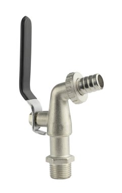 Silver Brass Nozzle Cock isolated on white background. Nozzle cock with black quarter turn handle. Forged brass body, screwed male thread.