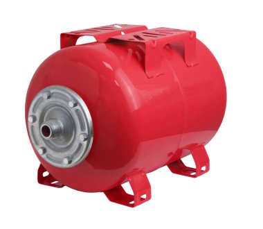 Expansion tank for a pump station. Red Pump booster pressure vessel. Pressure vessel for a booster set. Isolated on white background.