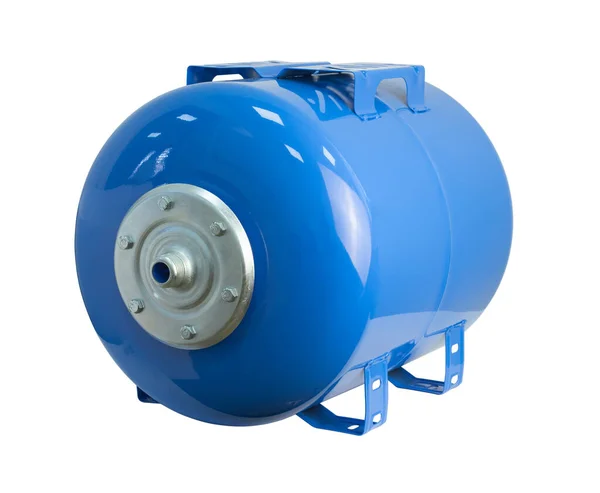 Expansion tank for a pump station. Blue colour pump booster pressure vessel. Pressure vessel for a booster set. Isolated on white background. — Stock Image Expansion Tank Pump Station Blue Colour Pump Booster Pressure Vessel Stock Picture
