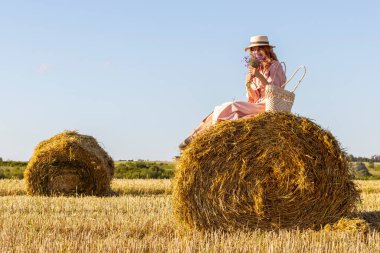 Pembe elbiseli ve hasır şapkalı genç bir kadın samanlıkta oturuyor. Kırsalda tarlada kadın portresi.