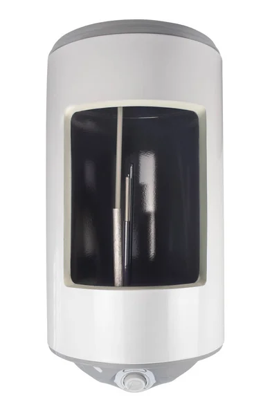 Kesik gövdeli elektrikli su ısıtıcısı iç yapıyı gösteriyor. Isıtma elementi ve magnezyum anot görünüyor. Beyaz arkaplanda izole.