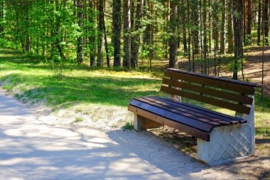 Park bankında gölgede, yazın sıcak hava. Yeşillik çevresinde.