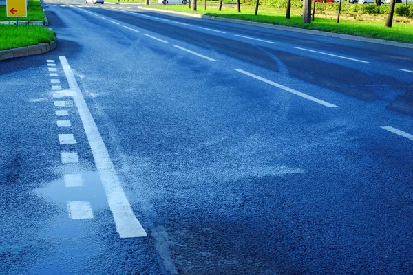 Asfalto Pavimentazione Stradale Texture Asfaltata Con Linee Separazione — Foto Stock